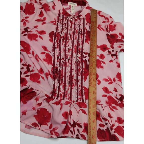 Matilda Jane XS Blouse Pink Floral Rayon Button Up Tie Neck Ruffled Long Sleeve - Picture 4 of 12